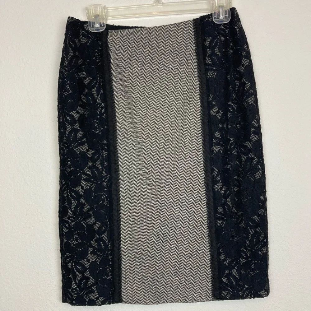 White House Black Market Herringbone wool skirt w/black lace overlay ribbon trim